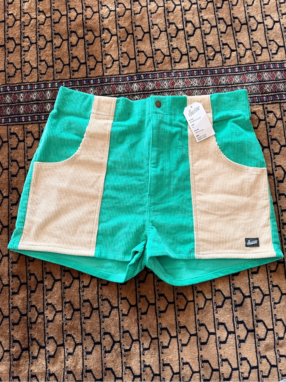 Hammies Women’s Shorts- High-Rise Corduroy Colorblock Shorts - Green & Sand